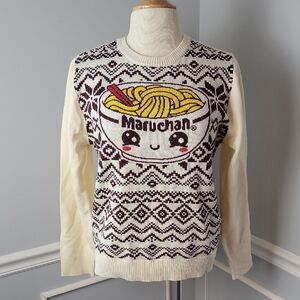 MARUCHAN Japan Anime Ramen Noodle Bowl Graphic Fair Isle Knit Crewneck Sweater M